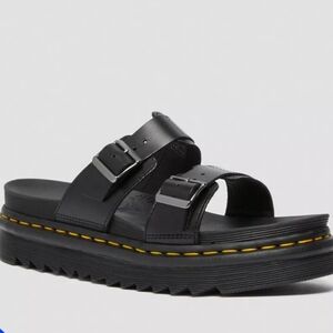 M10, W11- Dr Martens Myles Buckle Platform Slide Sandals Black Brando Leather